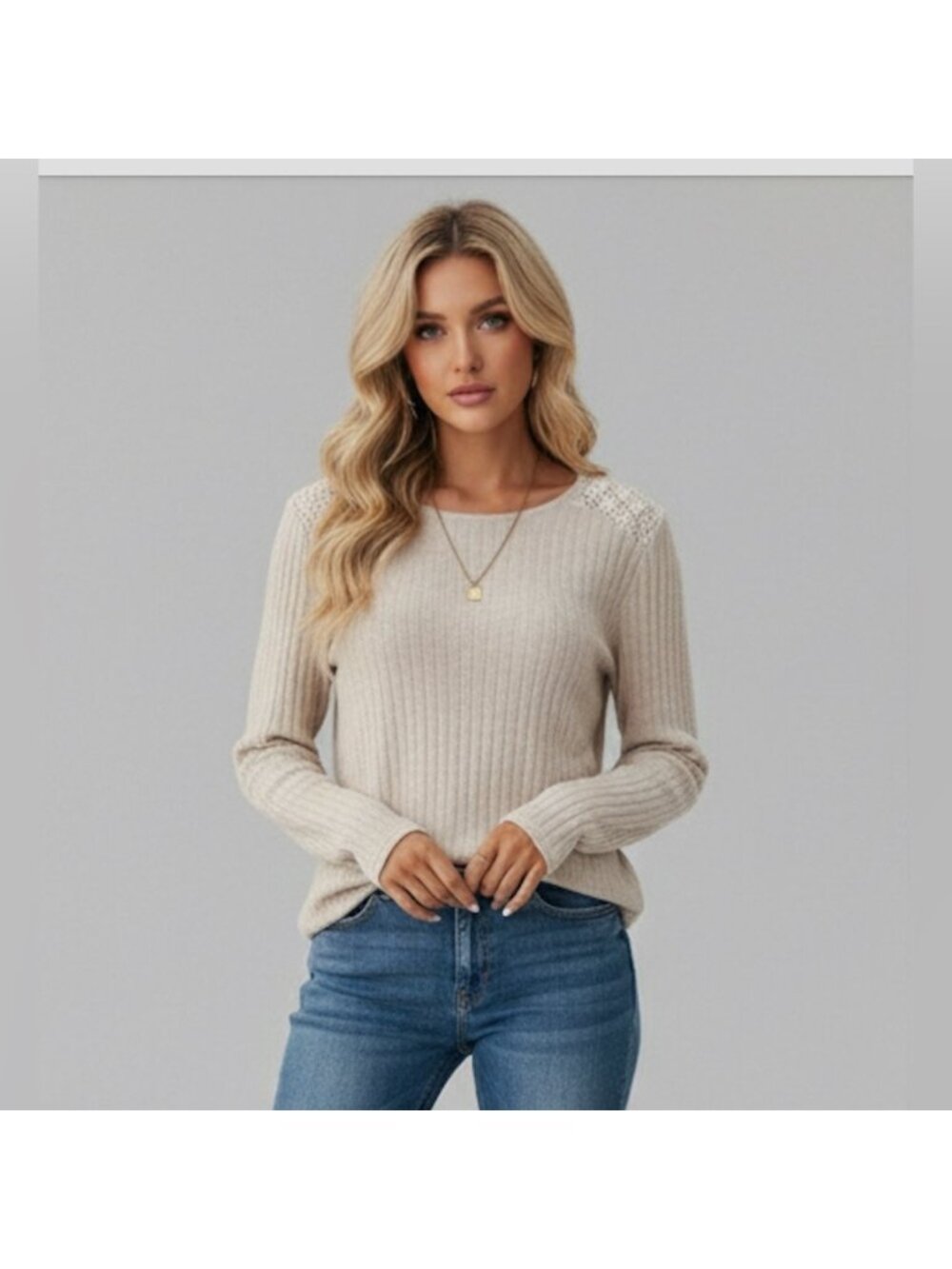 Guipure Lace Insert Ribbed Tee Cream - Picture 2 of 6